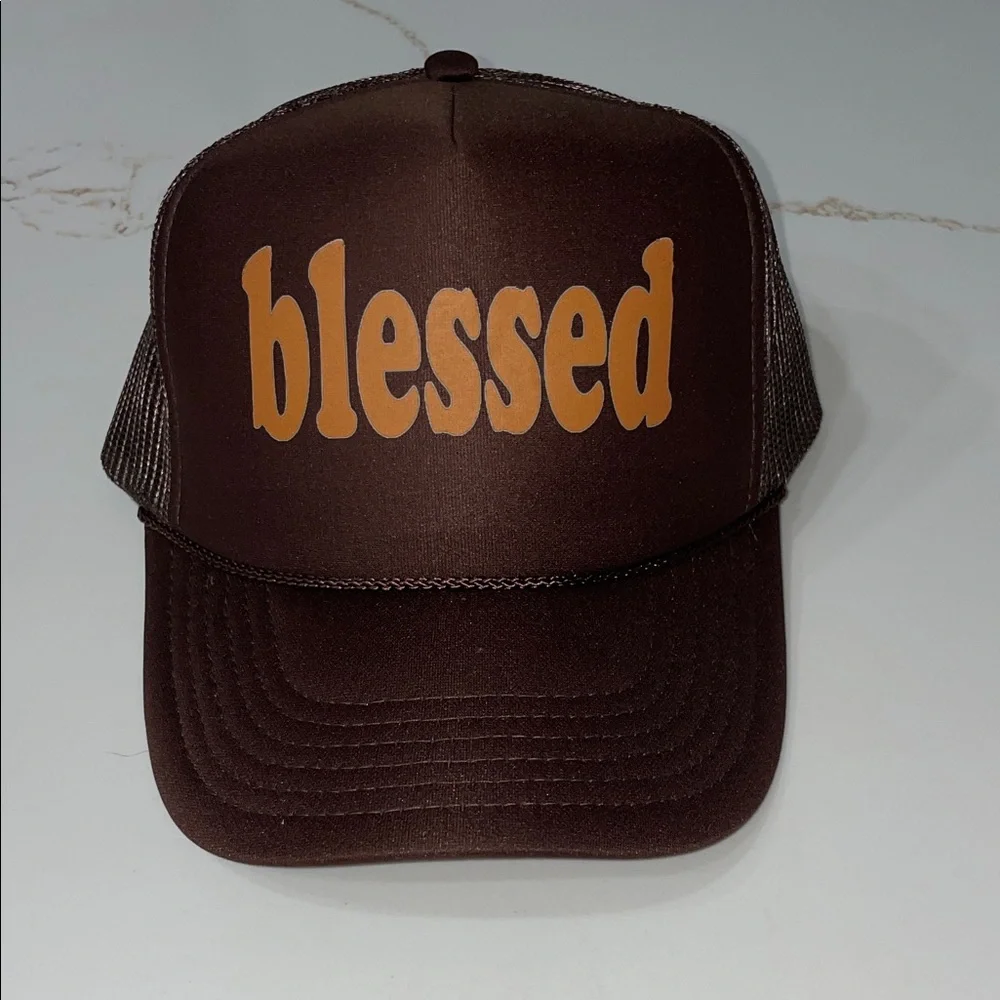 BLESSED Brown Trucker Hat with Burnt Orange Accent Text